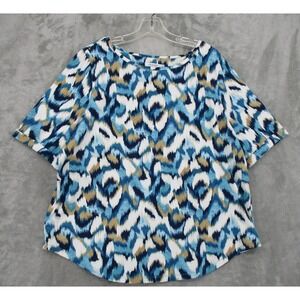 Chicos Shirt 3 US XL Aztec Western Abstract Tee Stretch Knit Turquoise Tan Blue